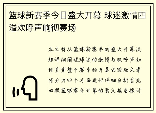 篮球新赛季今日盛大开幕 球迷激情四溢欢呼声响彻赛场