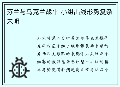 芬兰与乌克兰战平 小组出线形势复杂未明